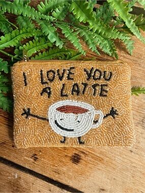Beaded 'I Love You A Latte' Zip Pouch - Tan